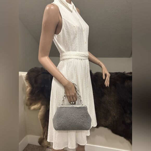 Gray Real Shearling Leather Handmade Kisslock Clutch Shoulder Bag, Crossbody - Picture 10 of 14